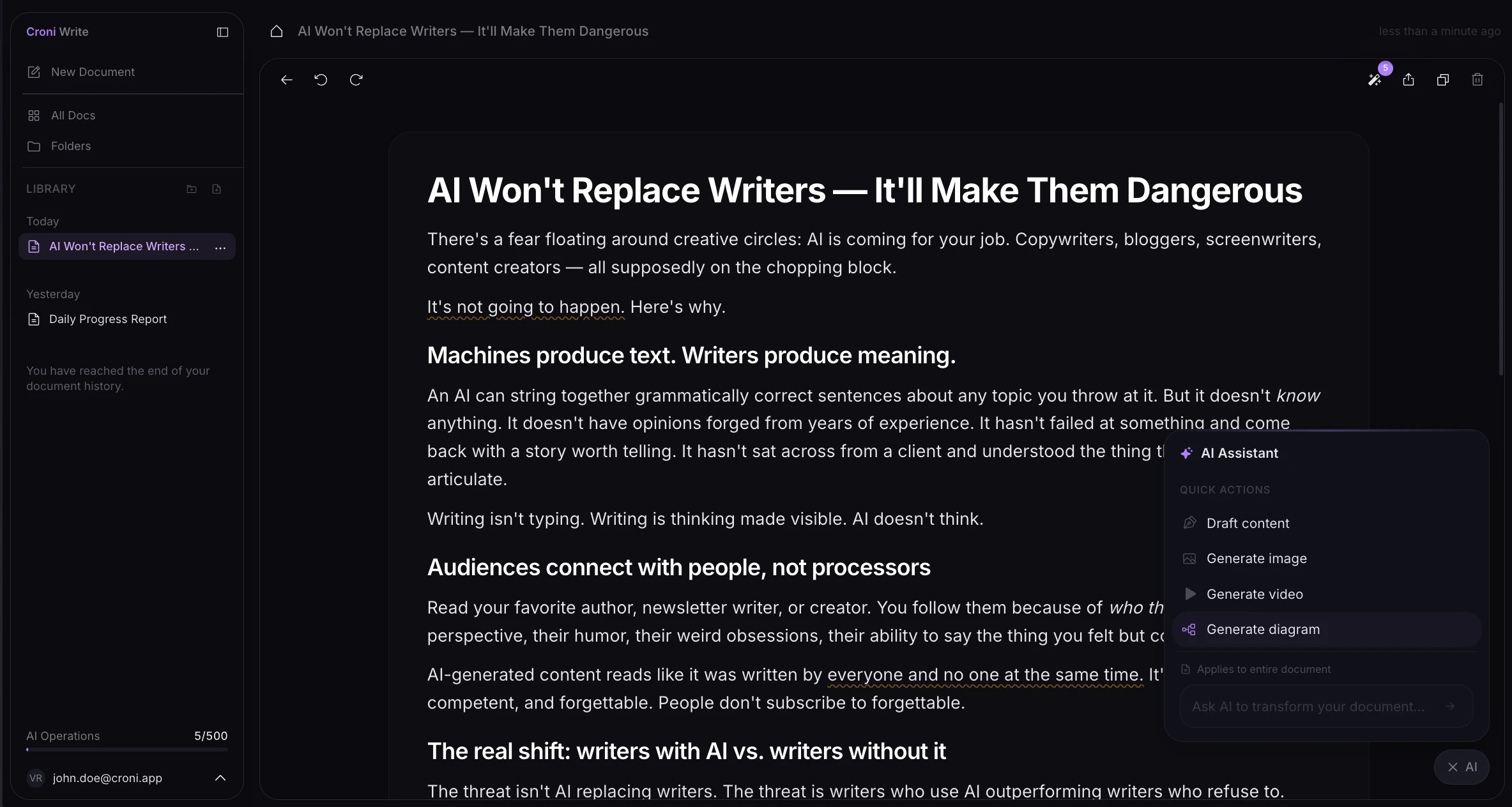 Croni Write: AI text editor that learns your style